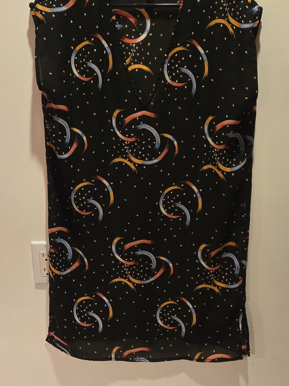 Lux Black Wrap Mini Dress with Orange, Yellow and Blue Crescent Print - Picture 3 of 6